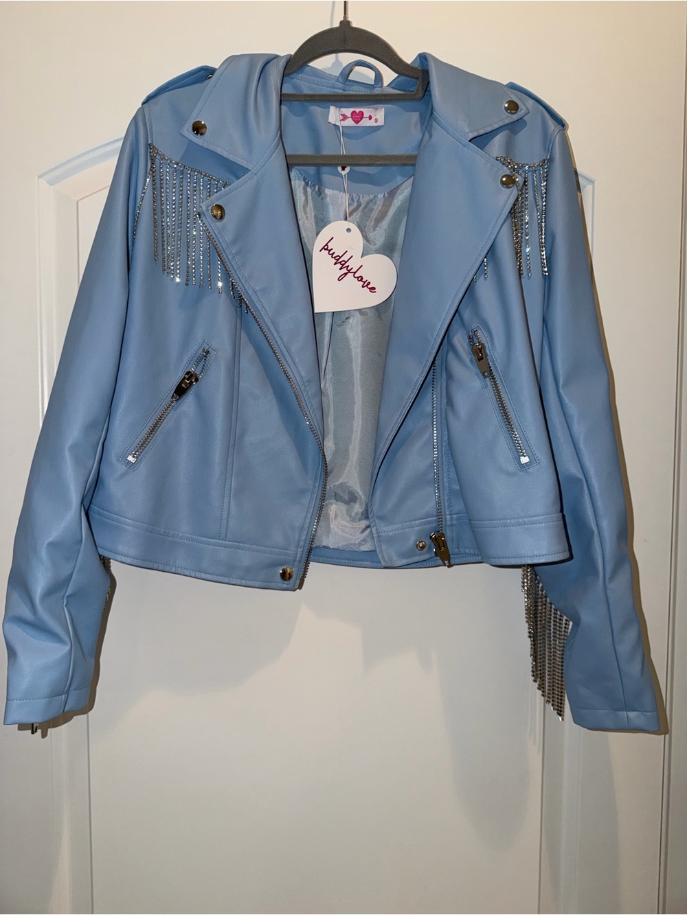 Buddy Love Powder Blue Fringe Moto Jacket with Silver Chains